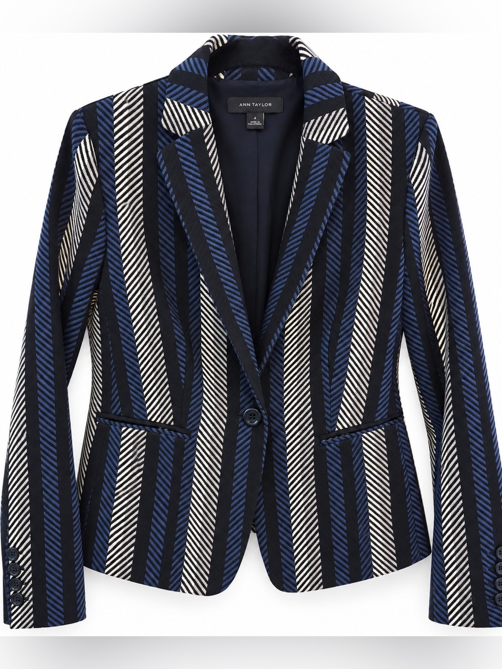 Ann Taylor Striped Newbury Blazer Navy Blue Cream Size 4